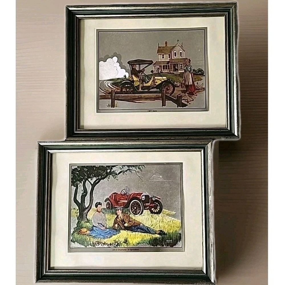 Vintage Lot 2 Automotive‎ Metallic Lithograph Framed Prints Robert Pettes 11"x9"